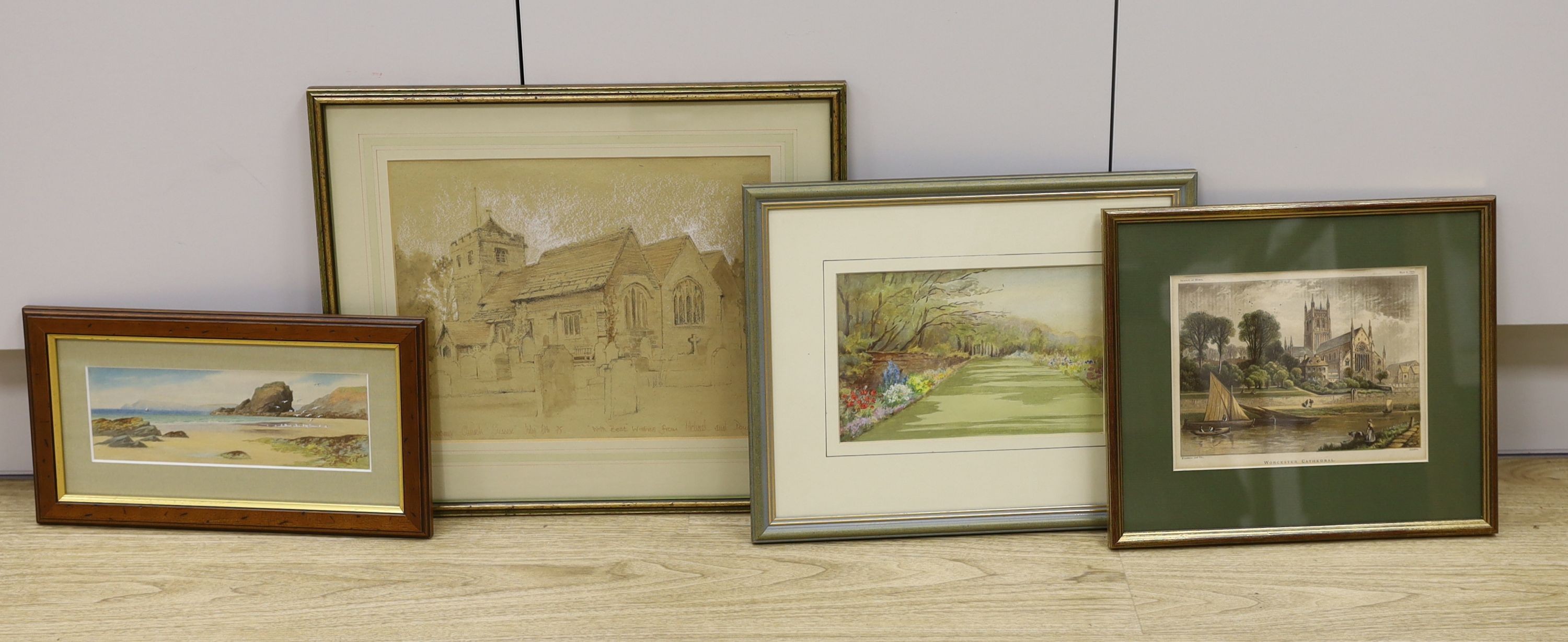 A small watercolour of Trevone, Cornwall, 8.5 x 25cm, a pastel drawing of Ringmer Church, 26 x 32cm, a watercolour of a garden and an engraving of Worcester Cathedral